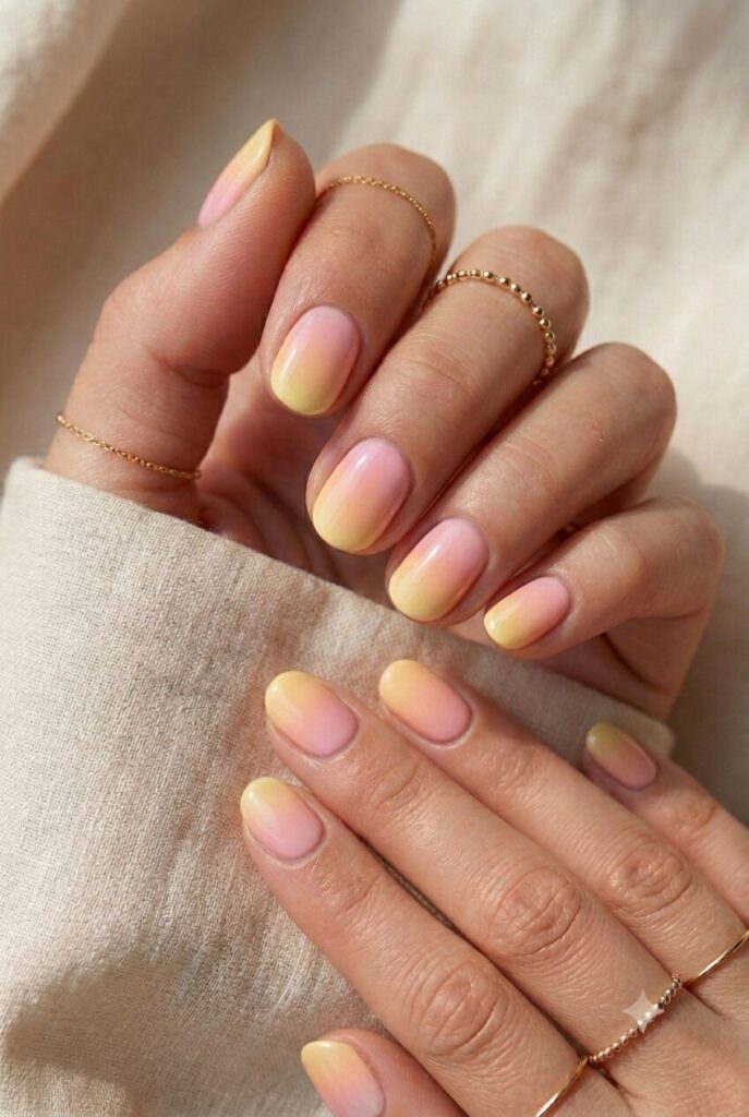Short oval nails with pink peach and yellow sherbet ombre
