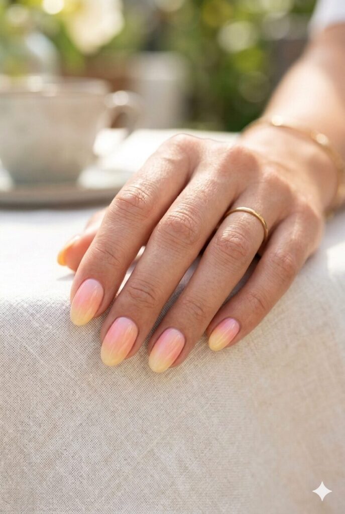 Short oval nails with pink peach and yellow sherbet ombre