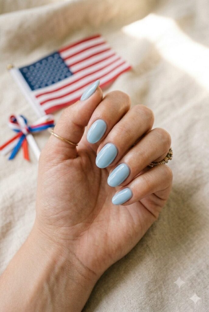 Short oval nails with soft sky blue glossy patriotic polish