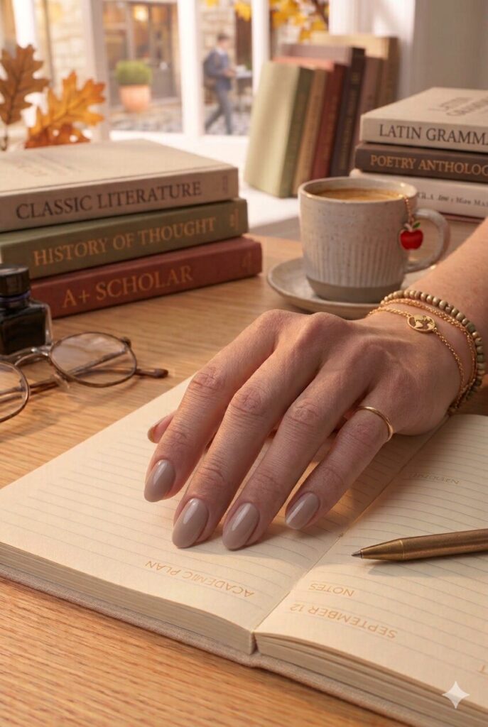 Short oval nails with soft taupe glossy polish