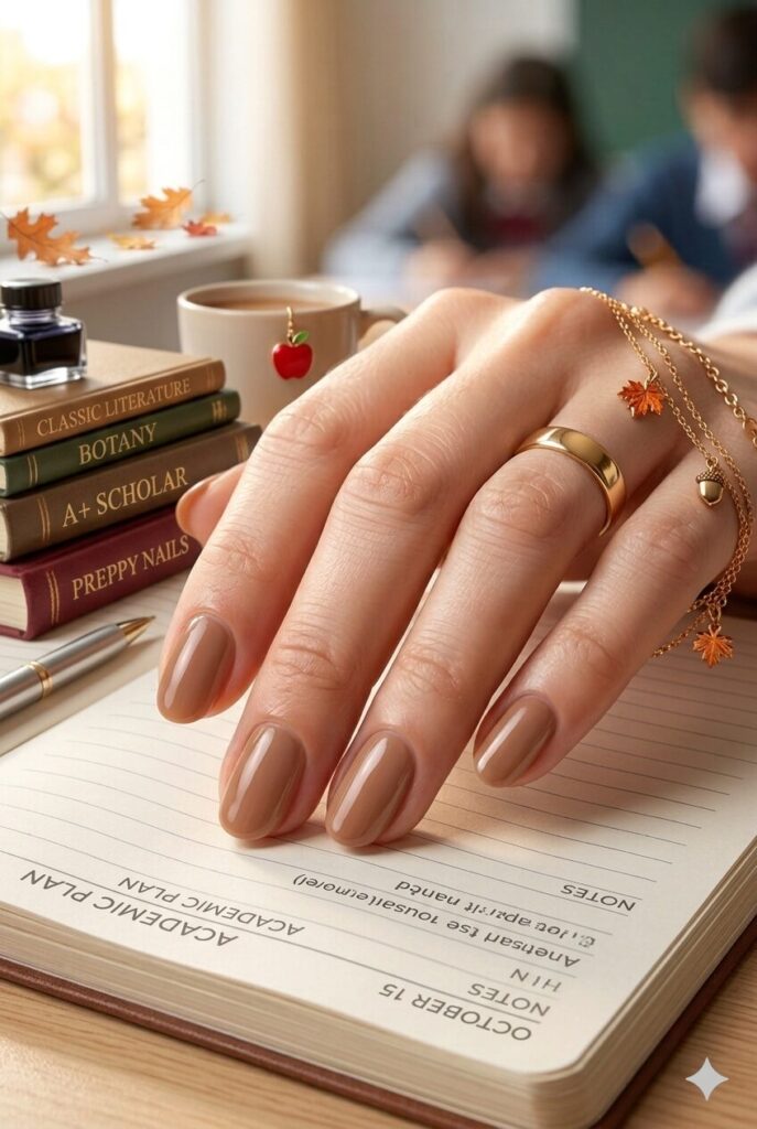 Short oval nails with soft toffee brown glazed glossy polish