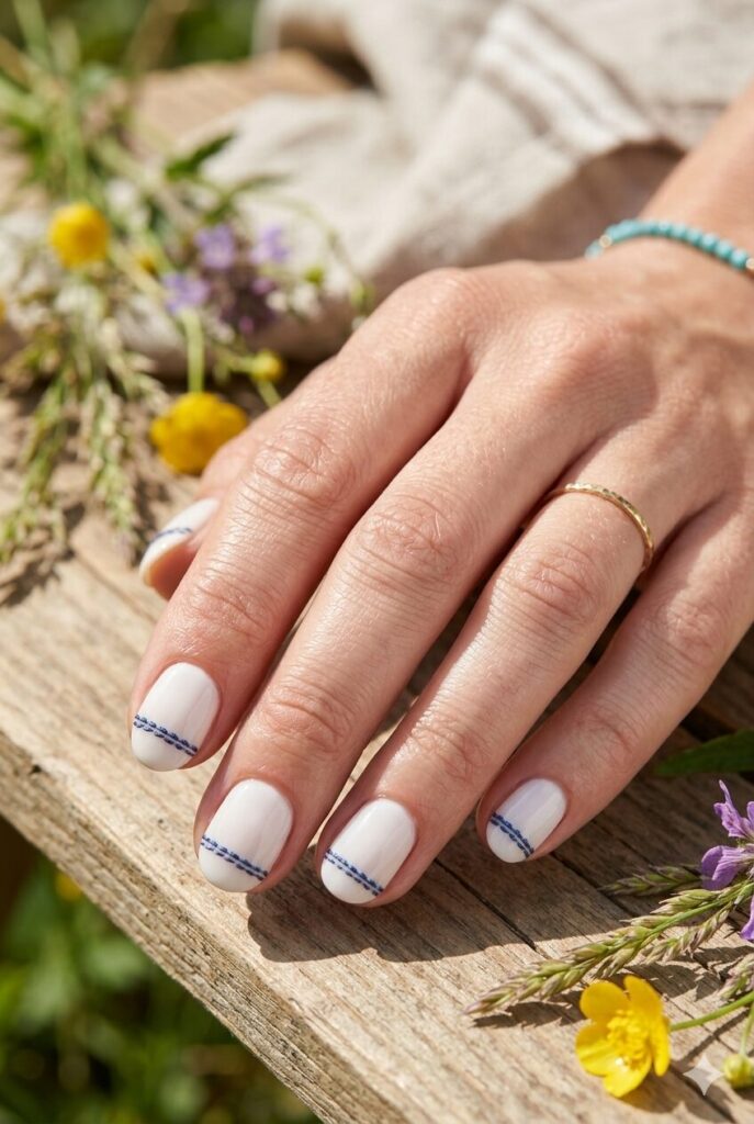 Short oval nails with white base and blue denim stitch line accents