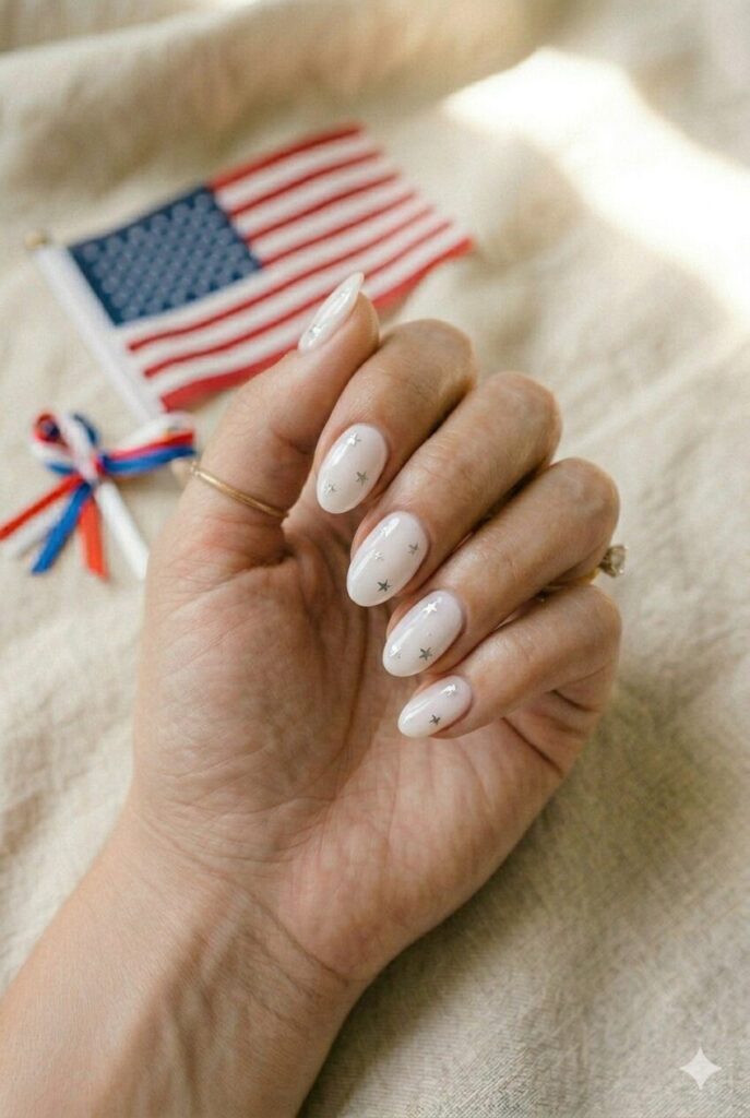 Short almond nails with soft white polish and silver star accents