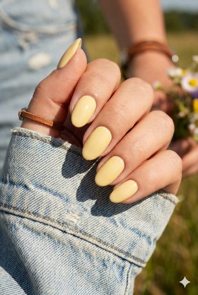 Short oval nails with soft yellow glossy country polish