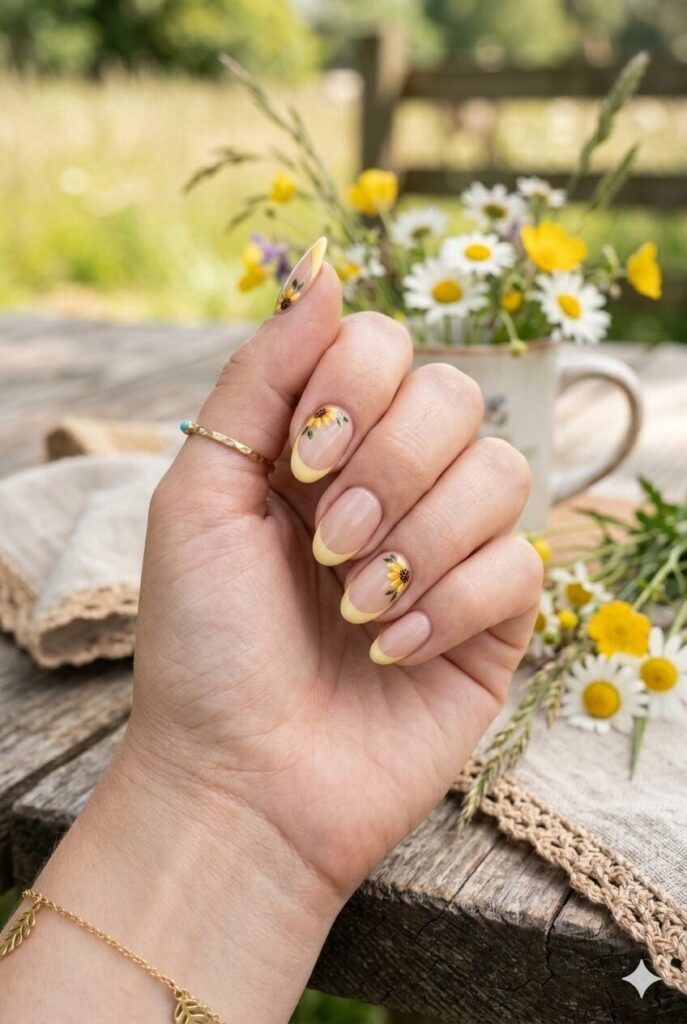 Short almond nails with yellow French tips and tiny sunflower accents