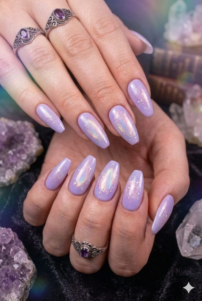 Almond nails with soft purple polish and sparkly crystal aura glow