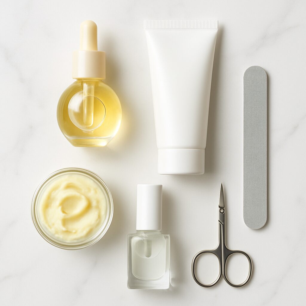 Nail care products for nails splitting down the middle including cuticle oil, nail strengthener, and hand cream