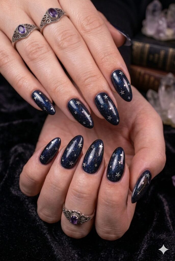 Almond nails with navy black base and silver star sparkle accents