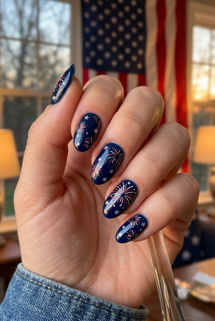 Short almond nails with dark navy base silver stars and firework burst accents