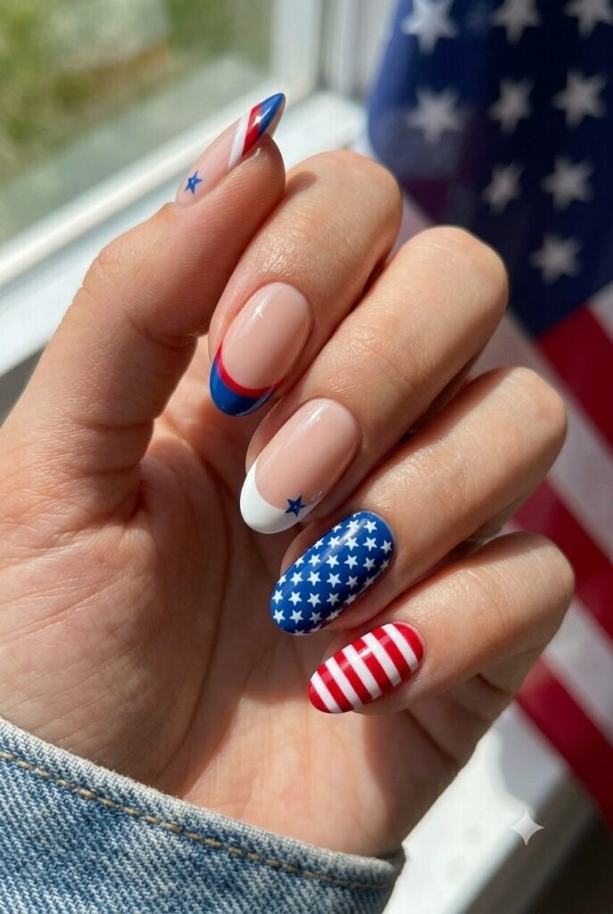 Short almond nails with American flag inspired French tips with stars and stripes