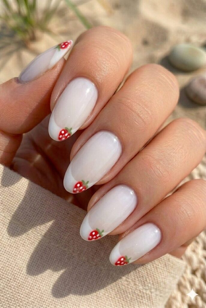 Milky almond nails with tiny strawberry French tip art