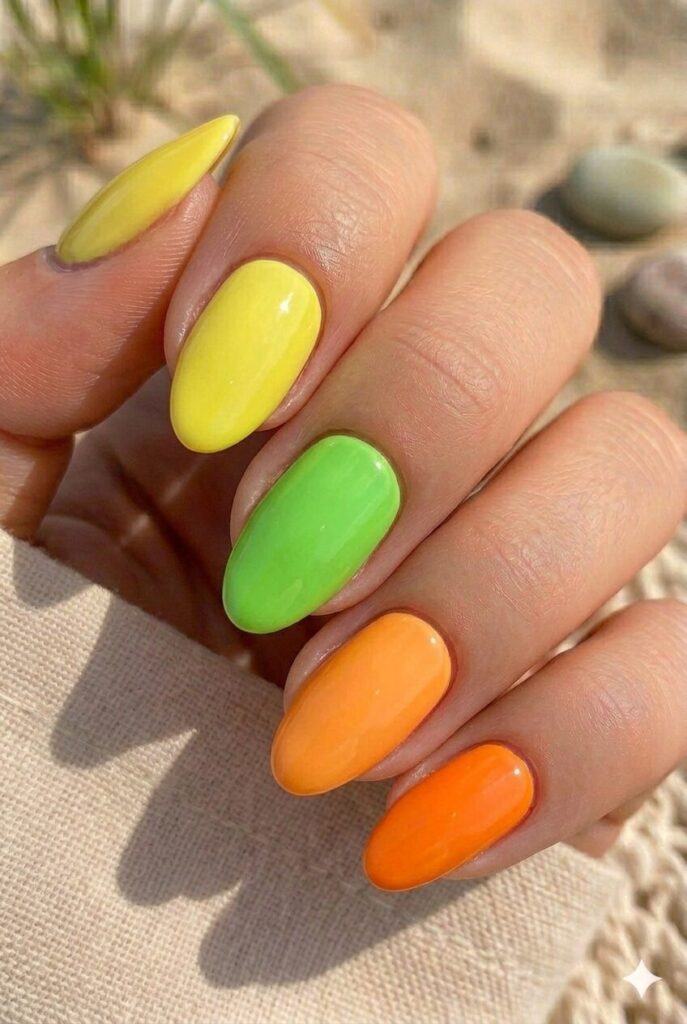 Short almond nails with mixed citrus colored skittle design