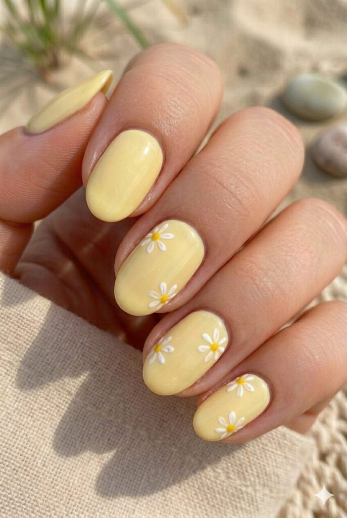 Pale yellow nails with tiny white daisy accent art