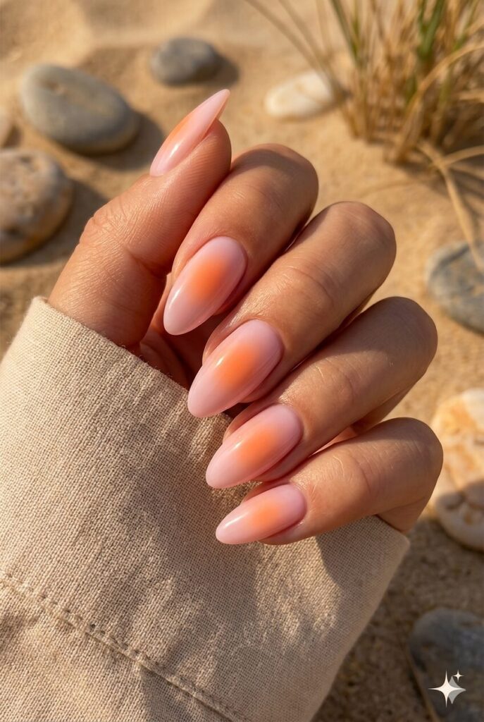 Almond nails with soft pink base and glowing orange aura center