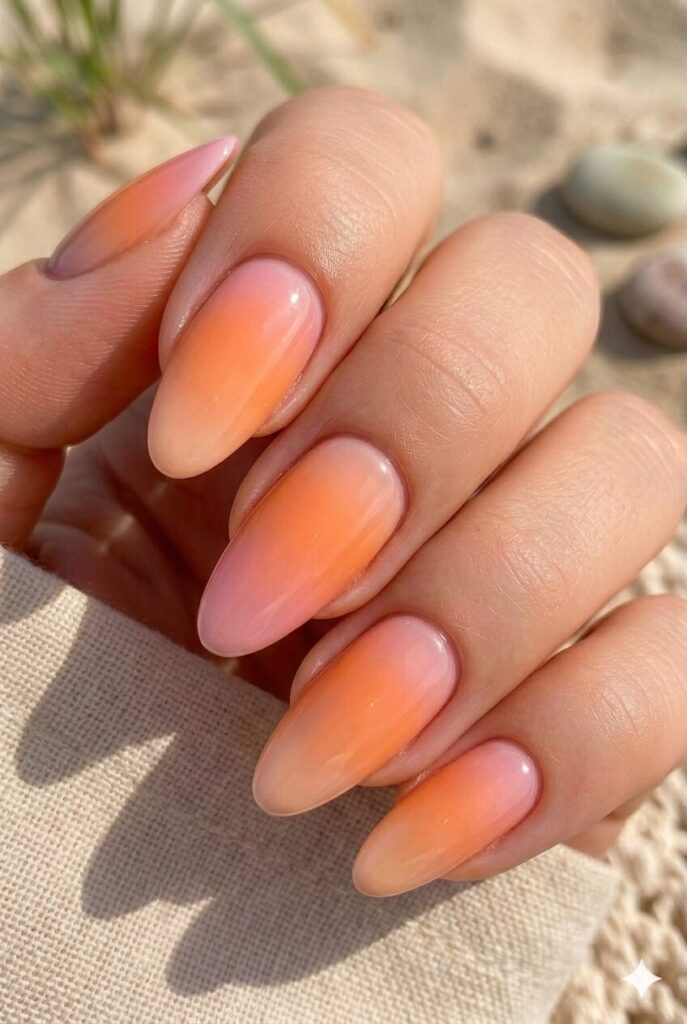 Coffin nails with peach orange and pink sunset ombre blend