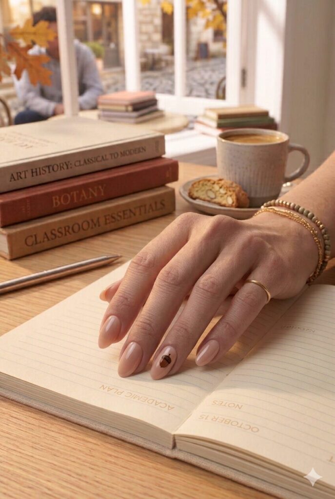 Short oval nails with nude base and tiny brown acorn accents