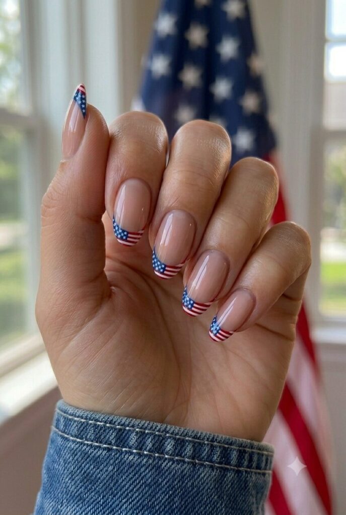 Short almond nails with nude base and tiny American flag designs on French tips