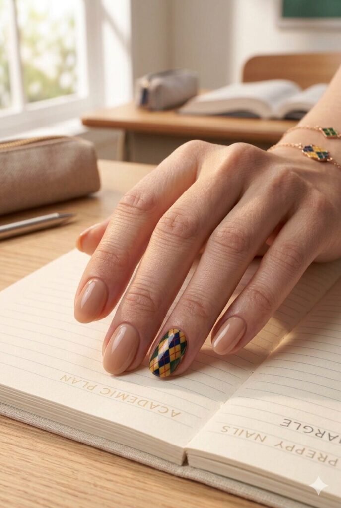 Short almond nails with nude base and tiny argyle pattern accent