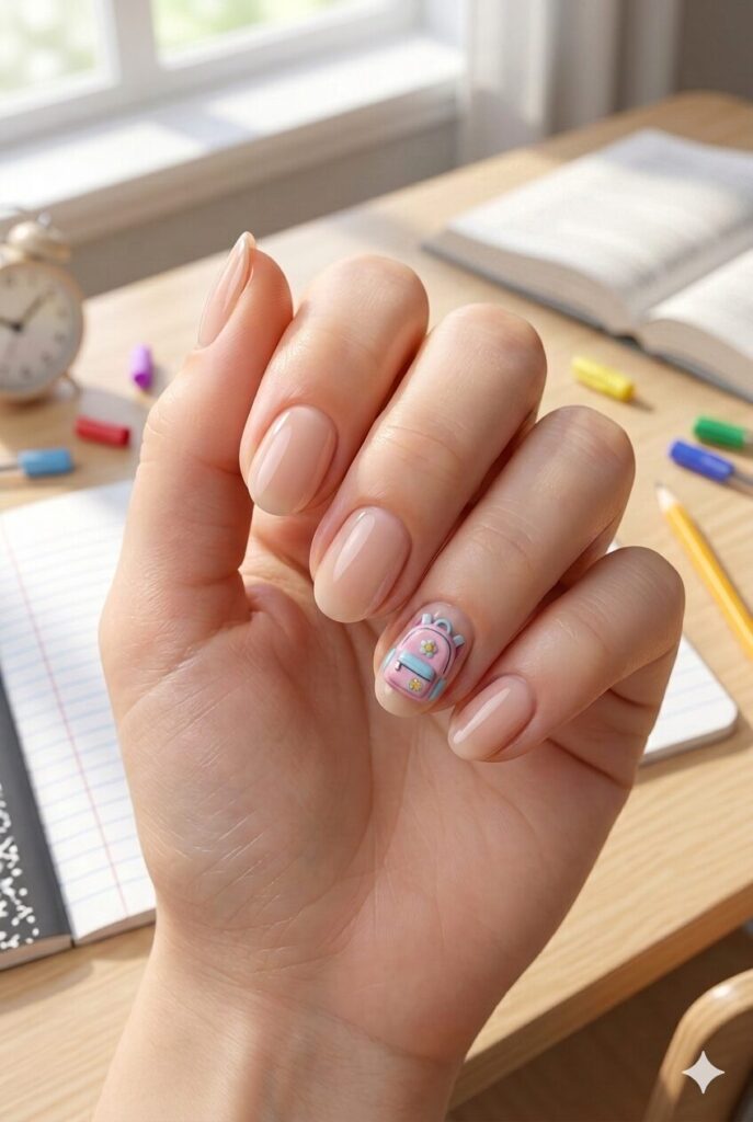 Short almond nails with nude base and tiny pink or blue backpack accent