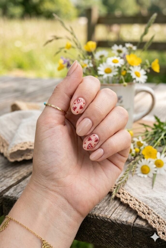 Short oval nails with nude base and red bandana print heart accents