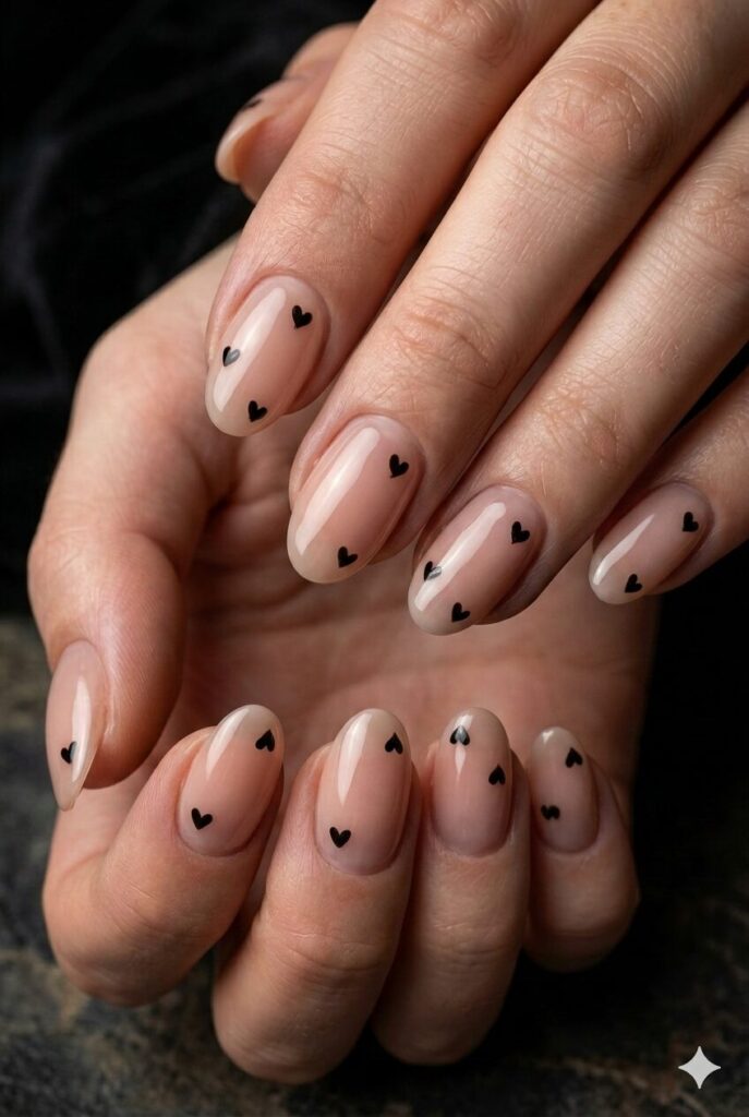 Short oval nails with nude base and tiny black heart accents