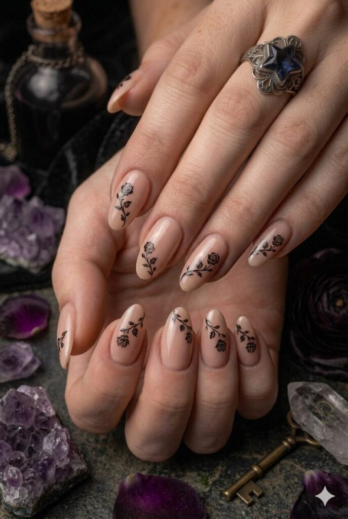 Short almond nails with nude base and tiny black rose art accents