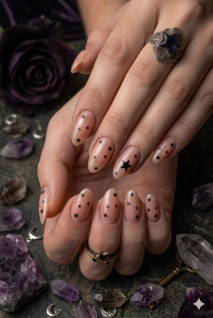 Short almond nails with nude or dark base and tiny black star accents