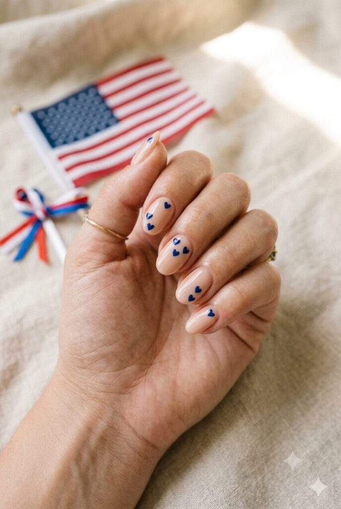 Short oval nails with nude base and tiny blue heart accents