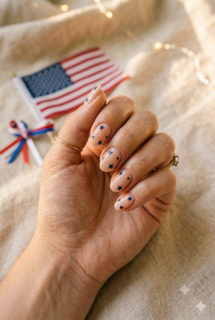 Short oval nails with nude base and tiny blue star accents
