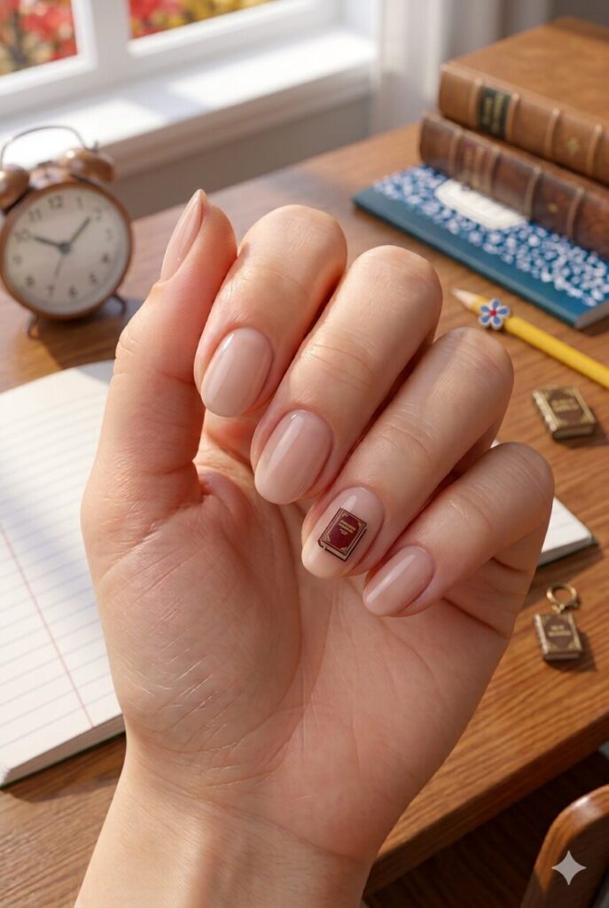 Short almond nails with nude base and tiny book accent on ring finger