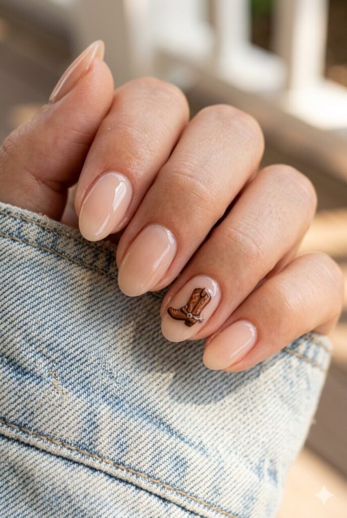 Short almond nails with nude base and tiny cowboy boot accent