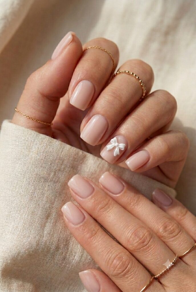 Short oval nails with soft pink base and tiny white bow accent