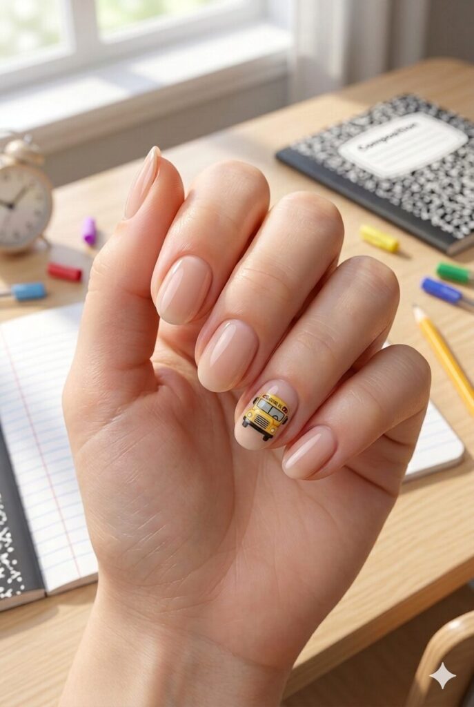 Short almond nails with nude base and tiny yellow school bus accent