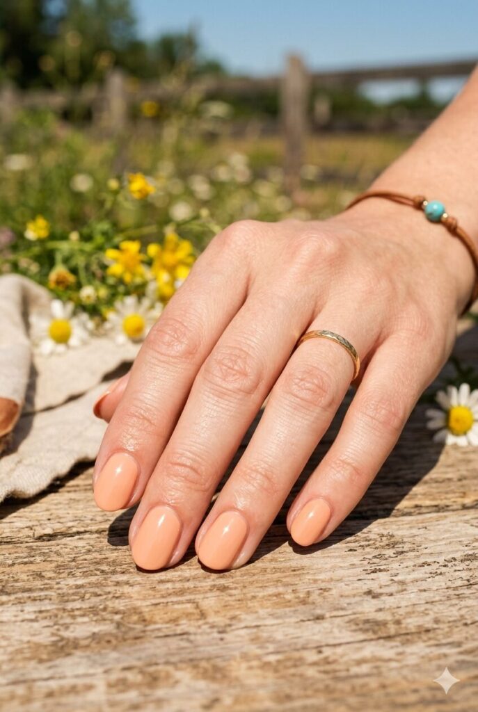 Short almond nails with nude base and tiny green cactus accents