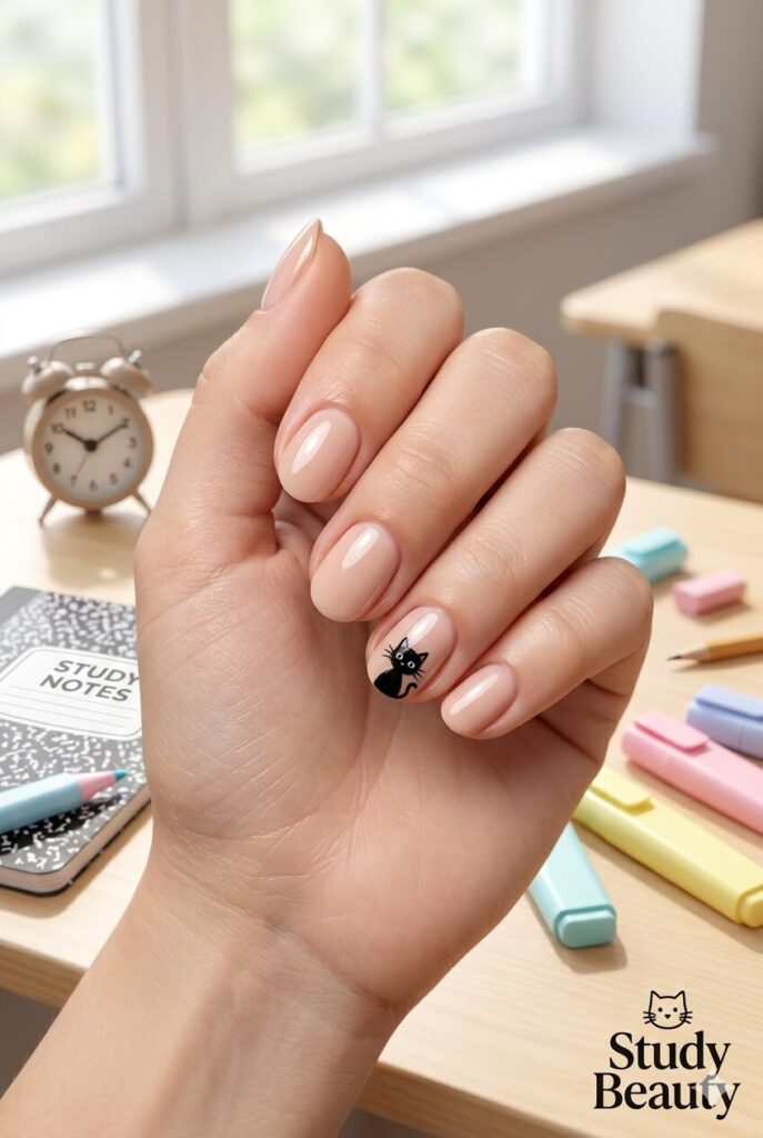 Short oval nails with nude base and tiny black cat accent for teens