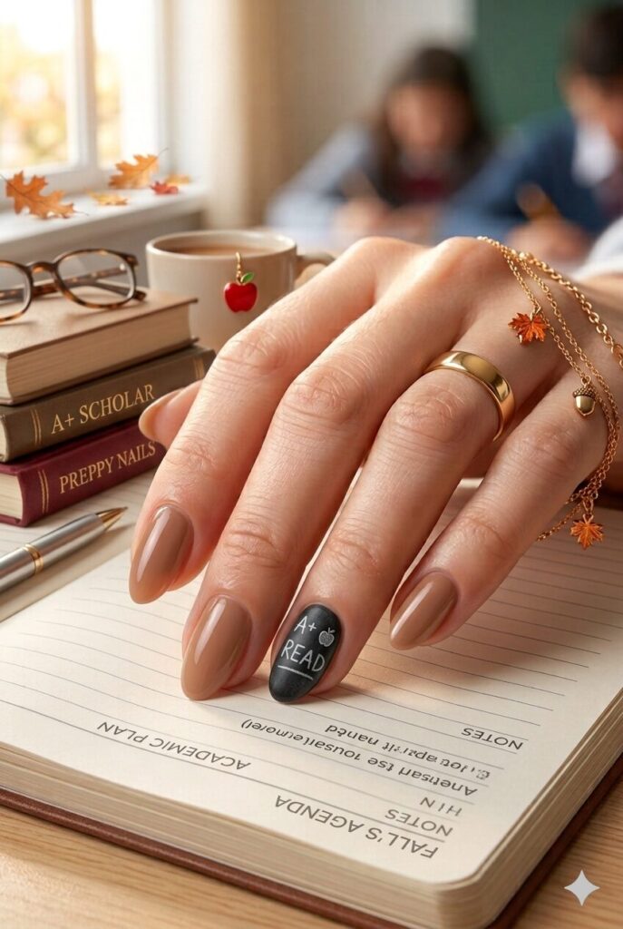 Short almond nails with nude base and tiny black chalkboard accent