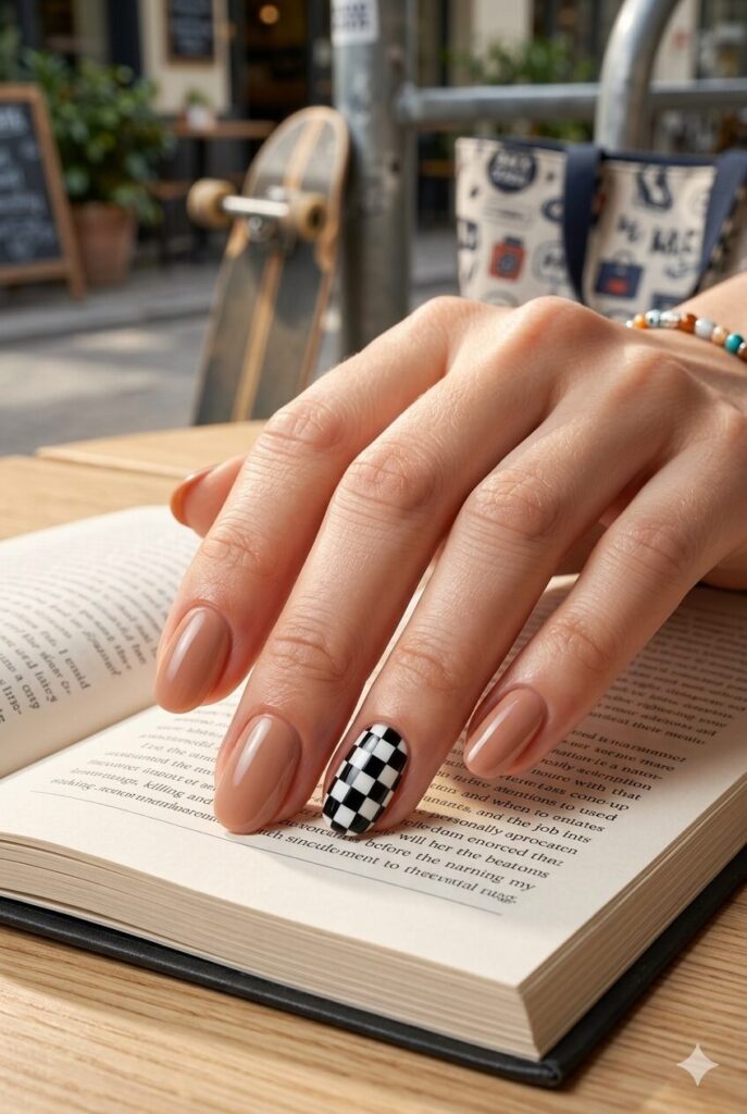 Short almond nails with nude base and black white checkered accent