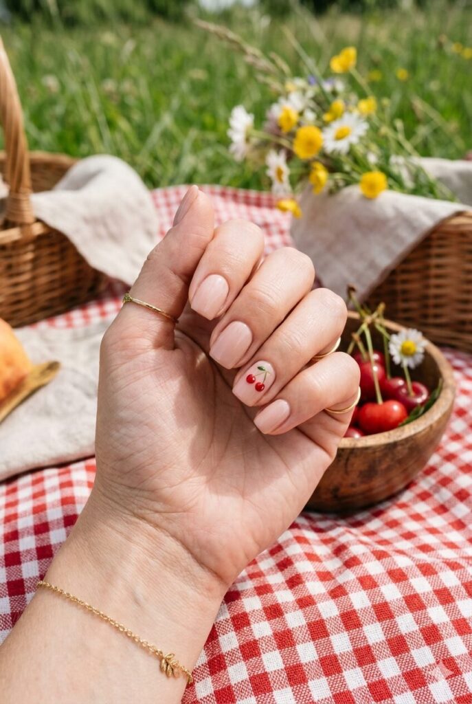 Short squoval nails with nude base and tiny red cherry accent