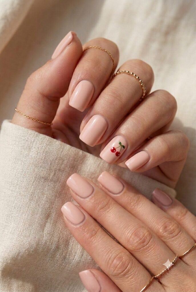 Short squoval nails with blush base and tiny cherry accent
