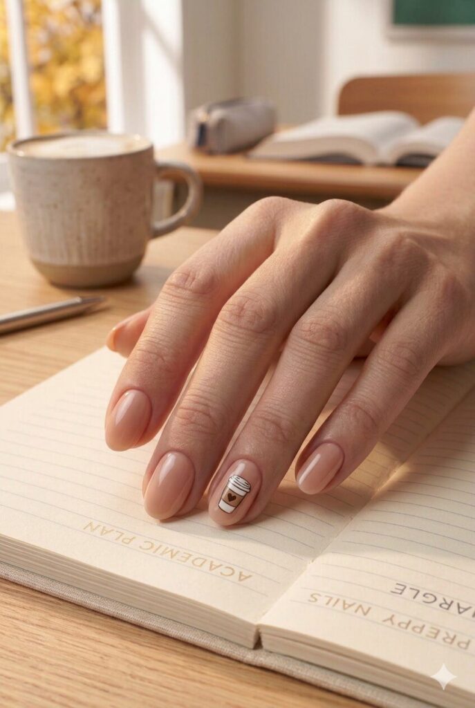 Short almond nails with nude base and tiny coffee cup accent