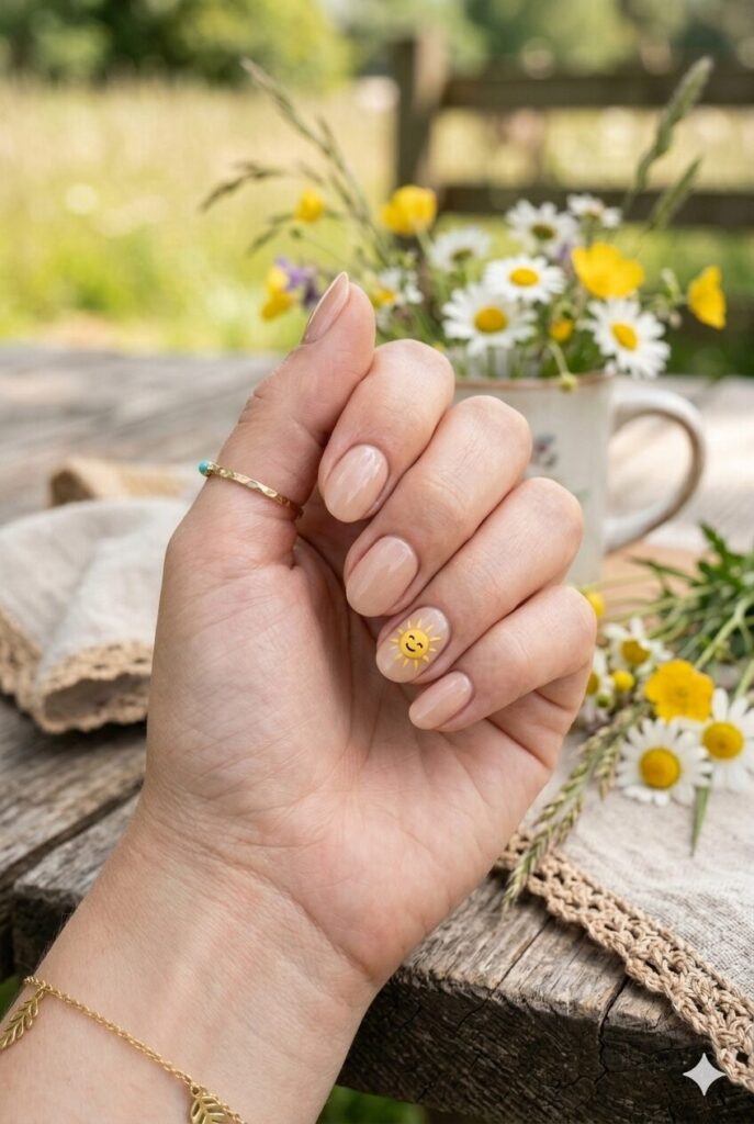Short oval nails with nude base and tiny yellow country sun accent
