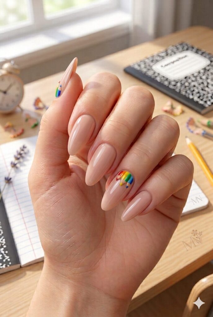 Short almond nails with nude base and tiny rainbow crayon accents