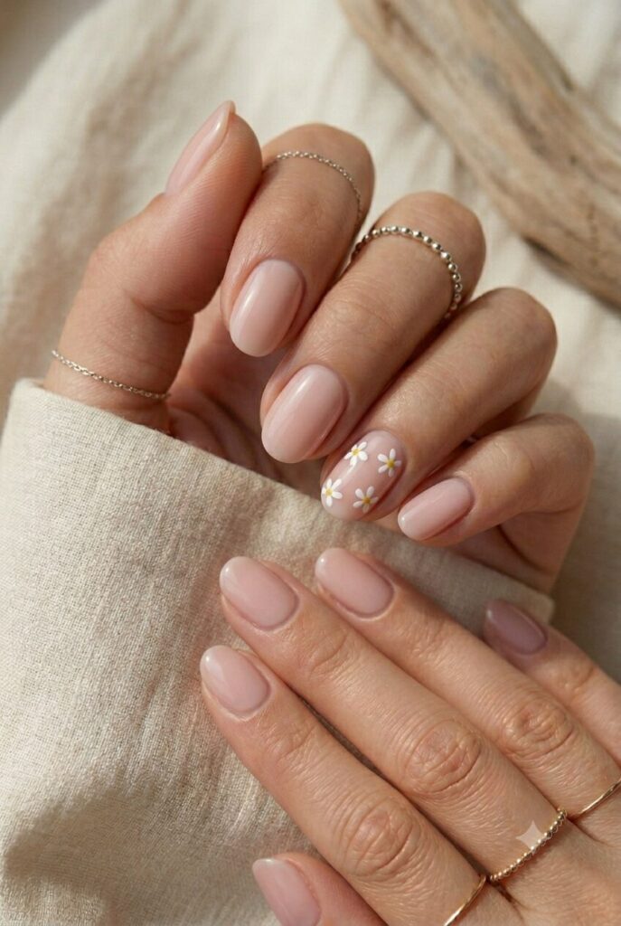 Short oval nails with pale pink base and tiny daisy accent