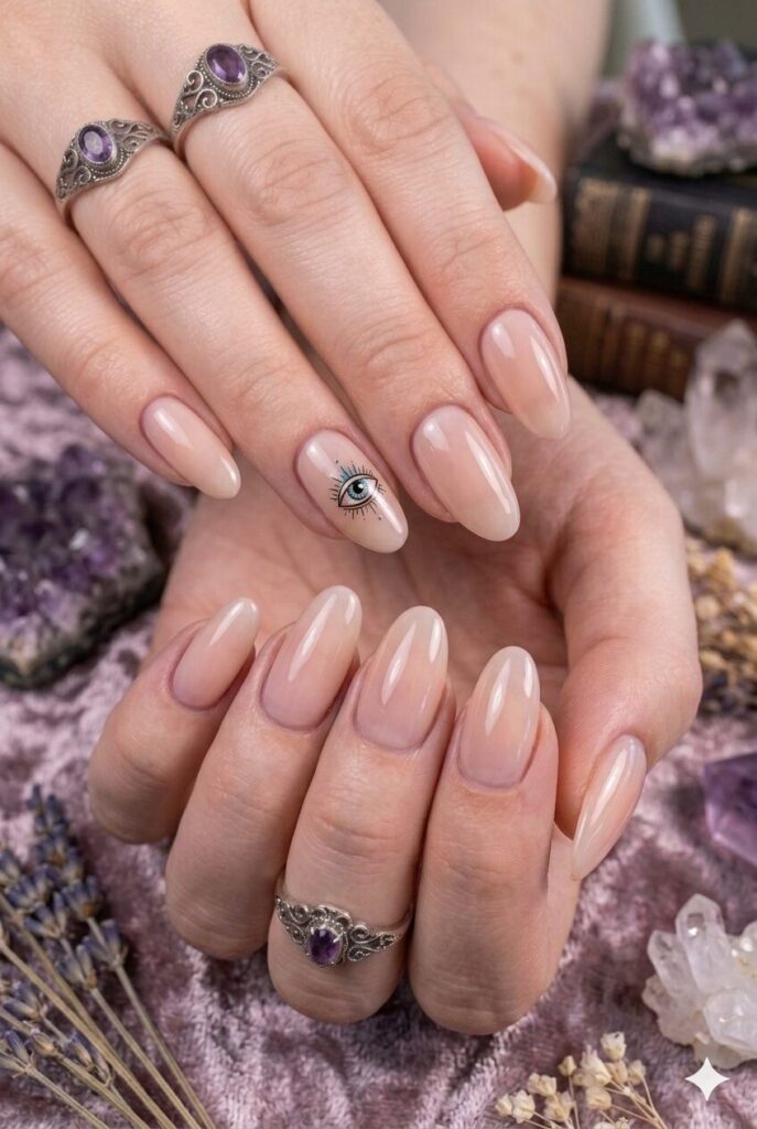 Short almond nails with nude base and tiny mystical eye accent