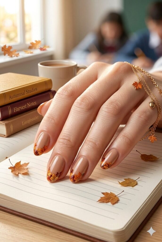 Short almond nails with nude base and tiny falling leaf French tip accents