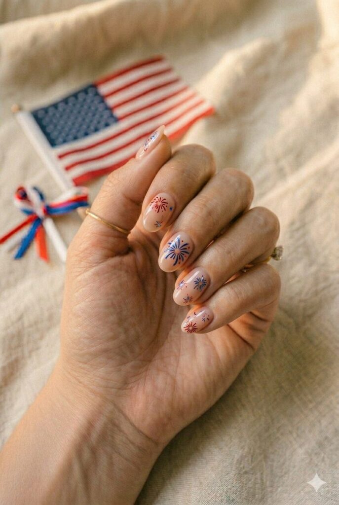 Short oval nails with nude base and red or blue firework accents