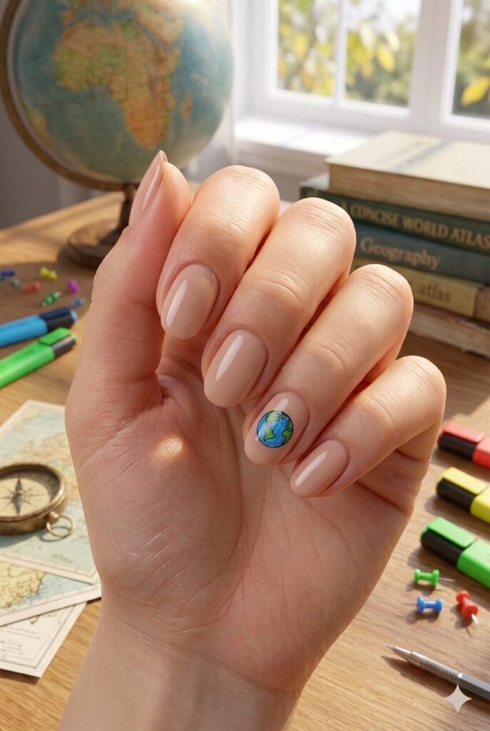 Short almond nails with nude base and tiny blue green globe accent