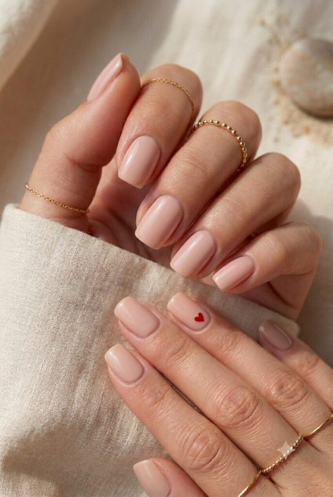 Short round nails with soft pink base and tiny red heart accent