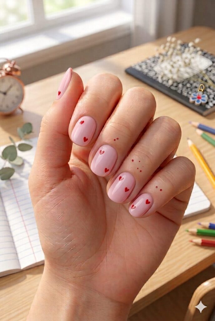 Short oval nails with soft pink base and tiny red heart accents