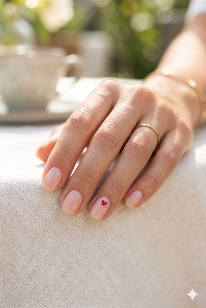 Short round nails with soft pink base and tiny heart accent